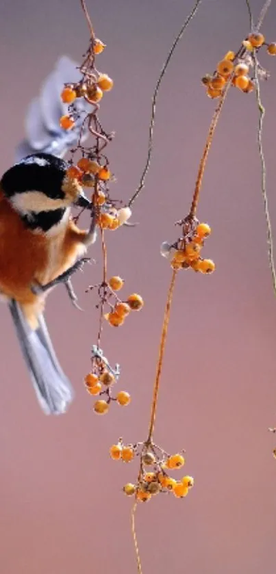 Bird perched among orange autumn berries.