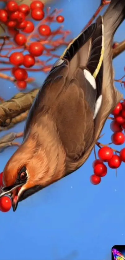 Beautiful bird on branch surrounded by red berries against a blue sky.