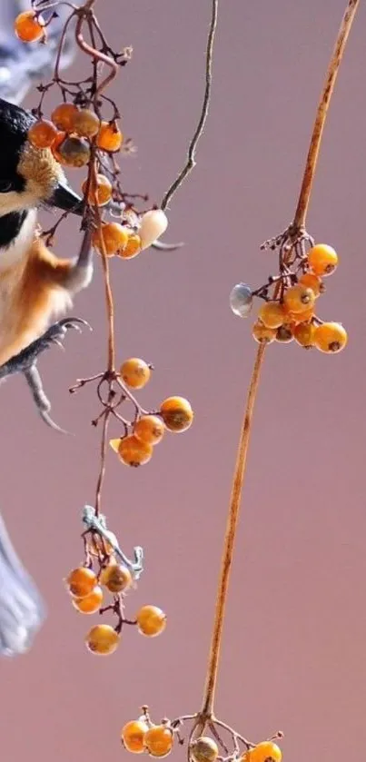 Bird with orange berries on a branch