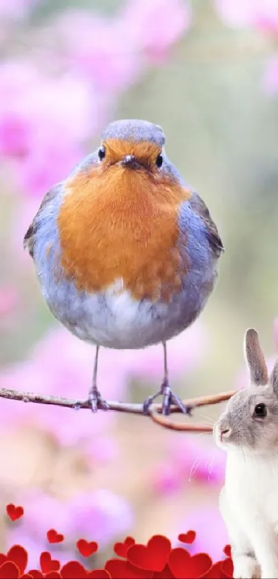 Wallpaper with robin and rabbit among pink flowers.
