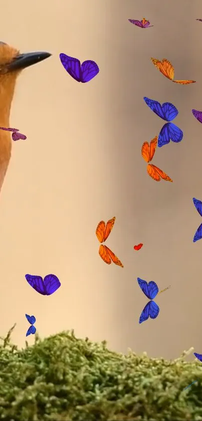 Vibrant bird with colorful butterflies on a tan background.