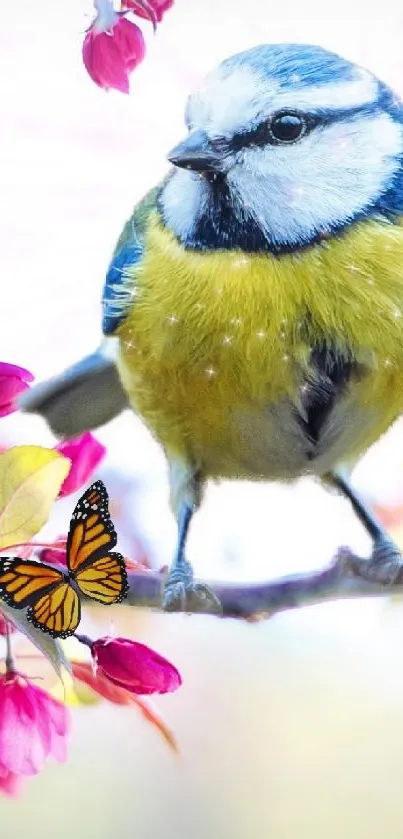 Blue tit on a flowered branch with butterfly, spring wallpaper.