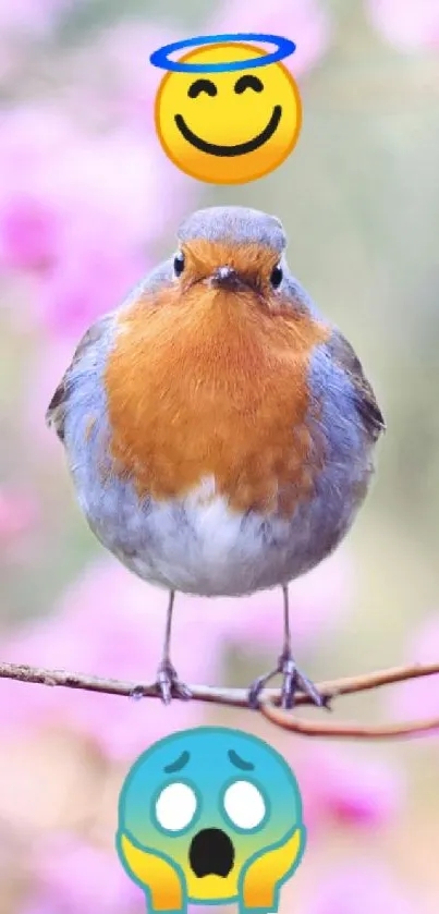 Cute bird on branch with pink flowers and emojis.