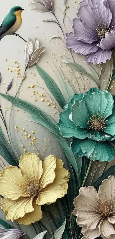 Colorful bird perched on vibrant flowers, art design.