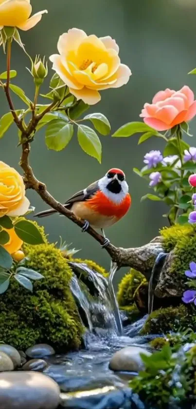Bird perched among colorful flowers above a gentle waterfall.