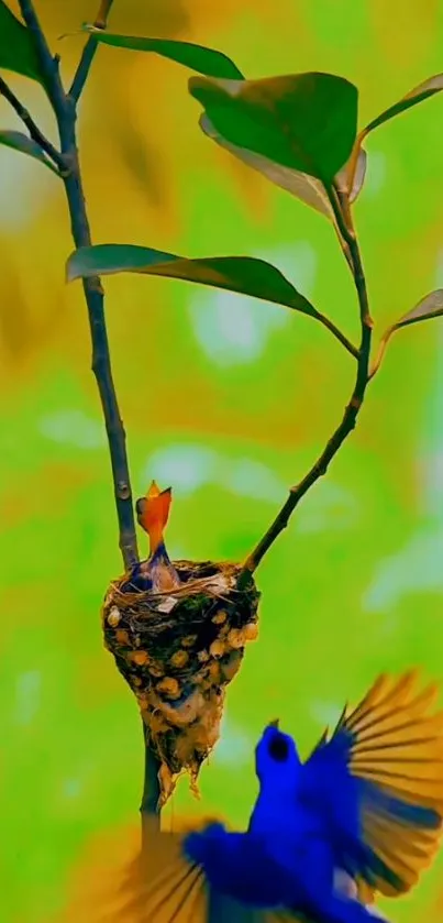 Bird in nest on a green branch with colorful background