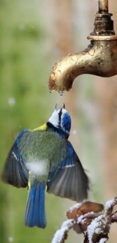 Bird drinking from a brass tap in a natural setting.