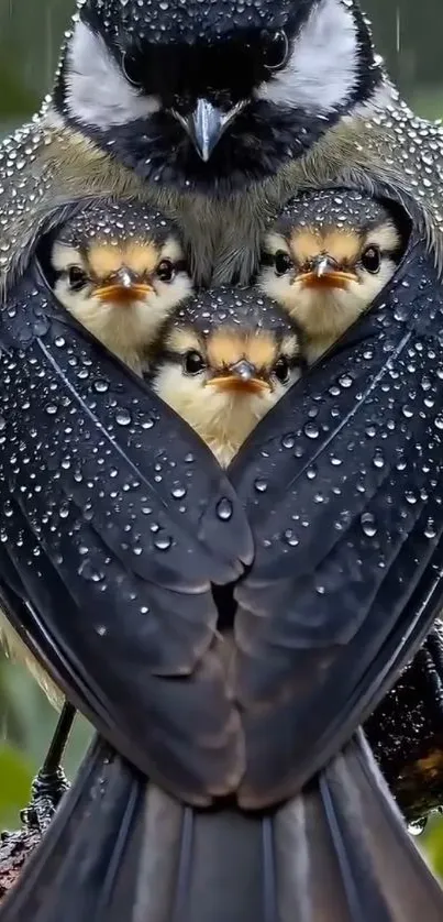 Bird protects chicks from rain in stunning nature scene.