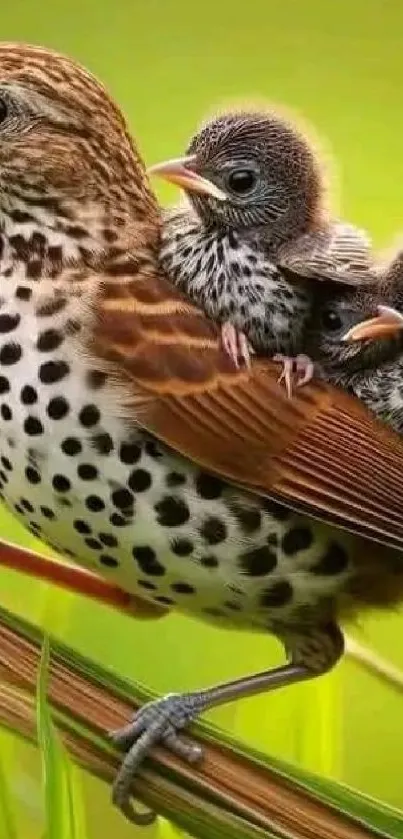 Bird family perched on a green branch, featuring bright nature scenery.