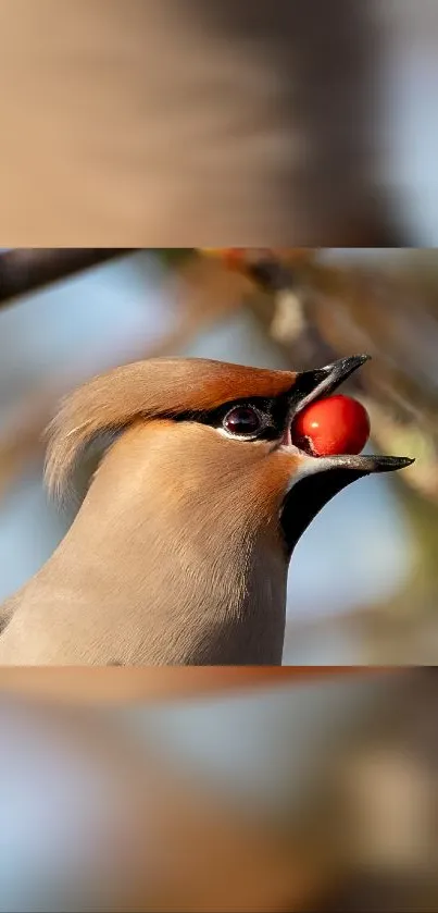 A bird eating a red berry in autumn.