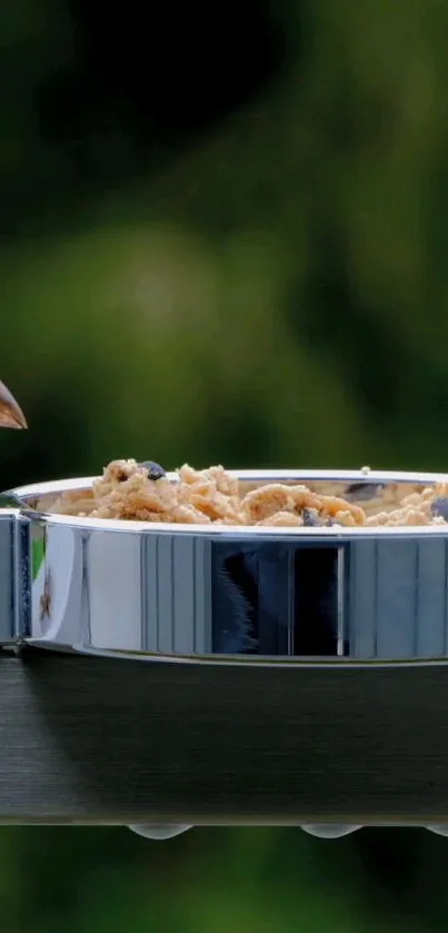 A small brown bird feeds from a dish on a balcony with a lush green background.