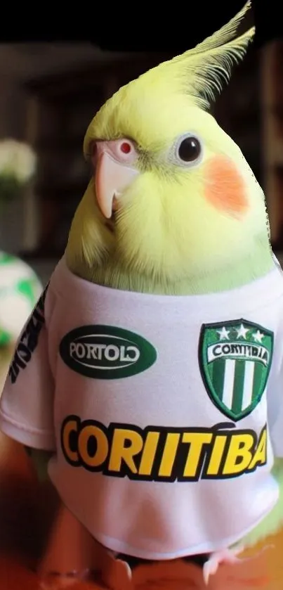 Cockatiel wearing a football jersey indoors.