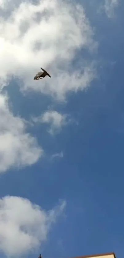 Bird flying high in a blue sky with clouds.