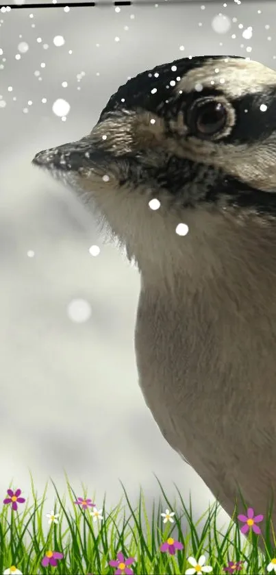 Bird with snowflakes in a flowery garden background.