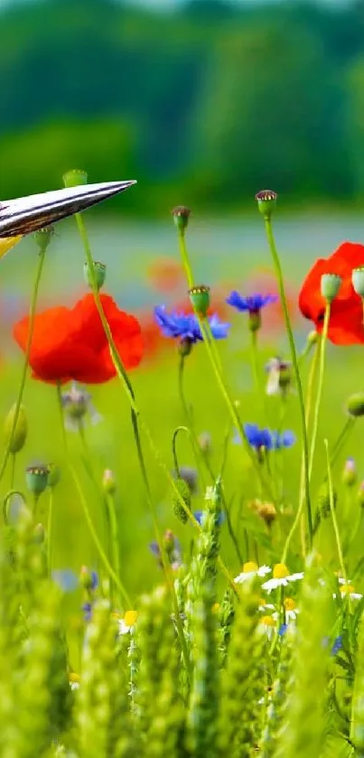 A bird among vibrant wildflowers in a lush green meadow.