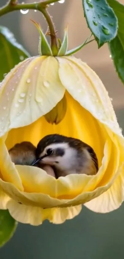 A bird nestled inside a yellow flower blossom with dewdrops.