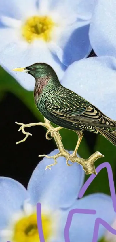 Bird perched on a branch with blue and yellow flowers.