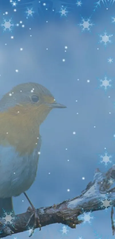 Bird perched on snowy branch with blue sky backdrop.