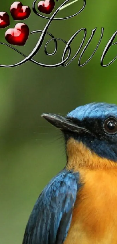 A colorful bird perched on a branch with love-themed accents.