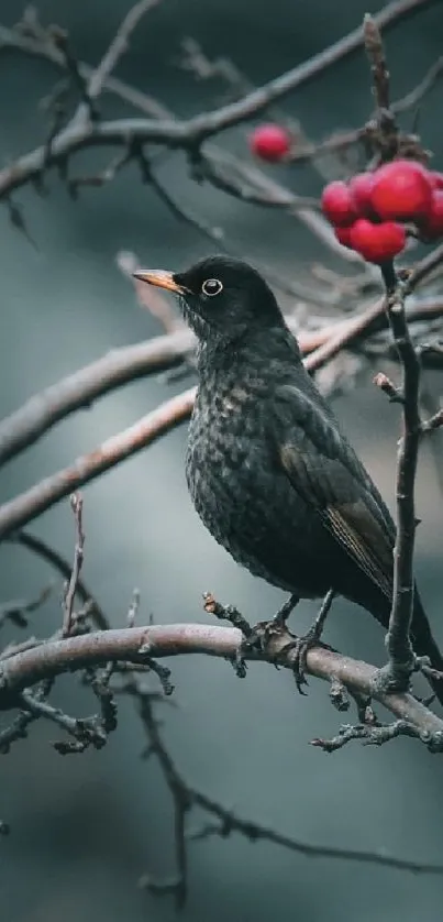 A bird on a branch with berries, set against a soft blue background.