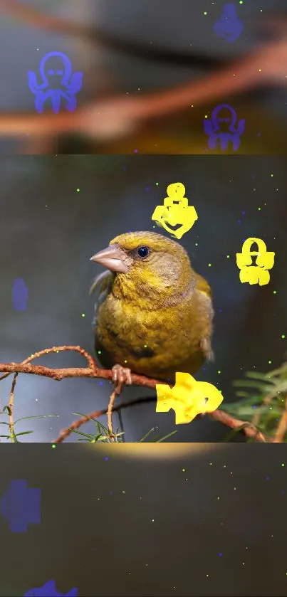 Bird on a branch with colorful patterns and green background.