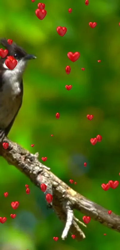 Bird on branch with floating red hearts in vibrant forest.