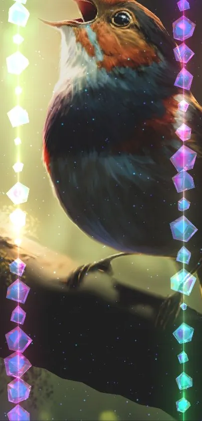 Colorful singing bird with geometric jewels on branch.