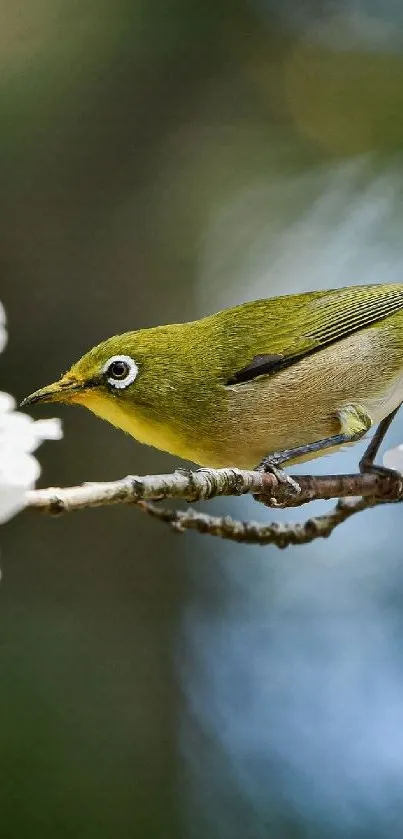 Bird perched on cherry blossom branch with soft focus background.