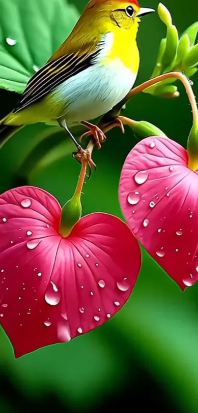 Colorful bird on dewy heart-shaped flowers with green background.