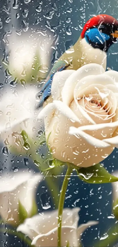 Colorful bird rests on white rose amid raindrops on a serene mobile wallpaper.