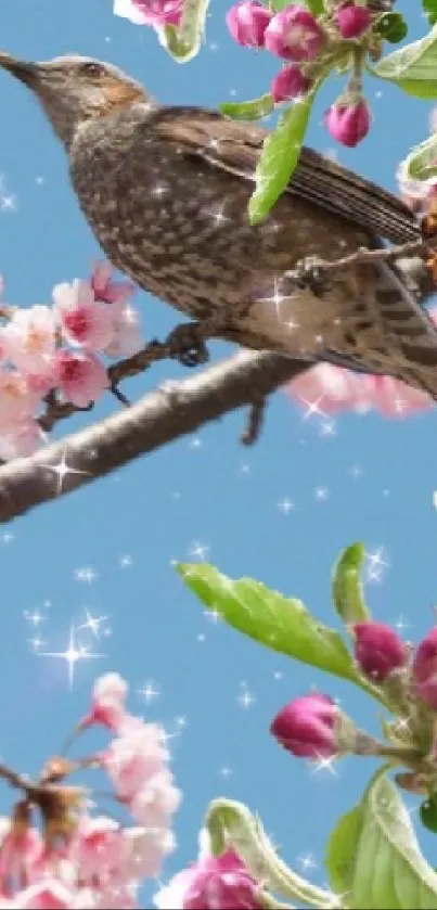 Bird perched on sparkling cherry blossoms with a blue sky background.