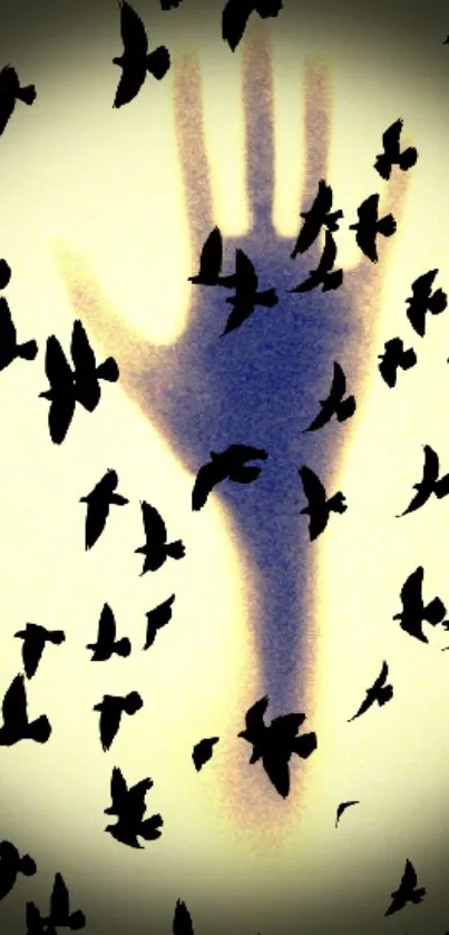 Hand silhouette with birds in artistic mobile wallpaper.