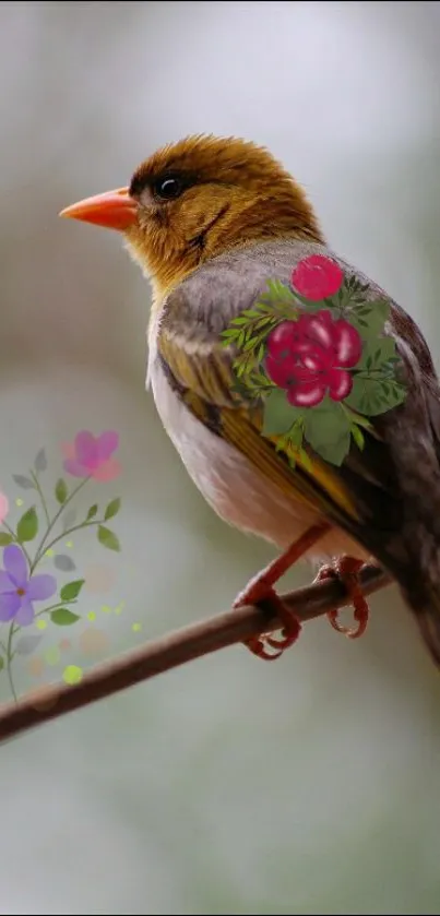 Bird with artistic flowers on branch in brown color tones.