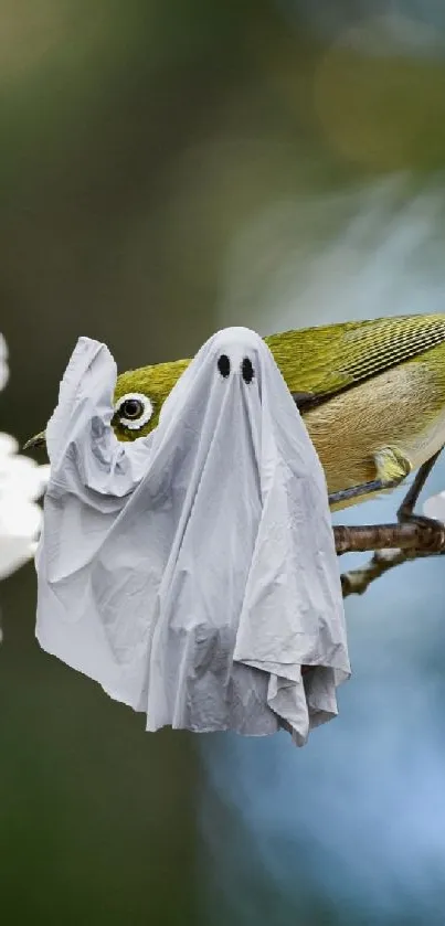 Bird dressed as a ghost among cherry blossoms on a branch.