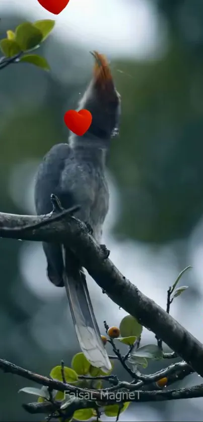 A bird on a branch with red heart motifs in the background.