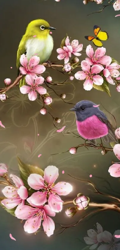 Colorful birds among pink blossoms on a tree branch wallpaper.