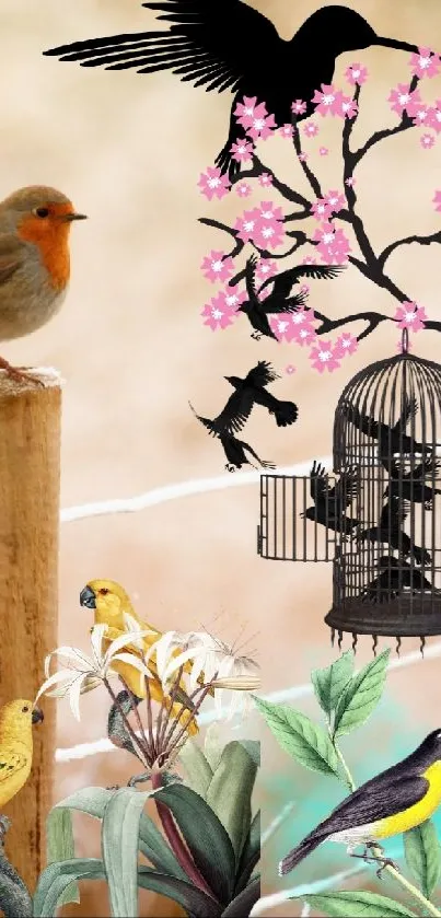 Artistic wallpaper of birds and nature on wooden fence post.