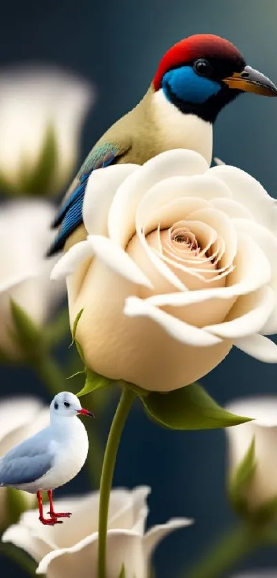 Colorful birds on cream roses wallpaper