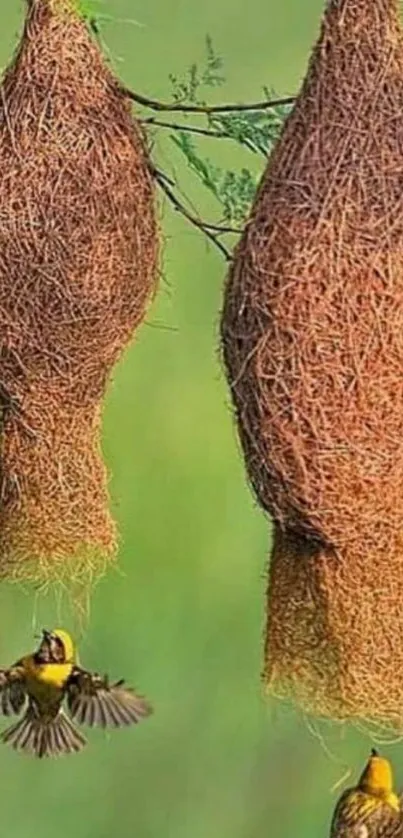 Two birds near intricately woven nests in a lush green setting.