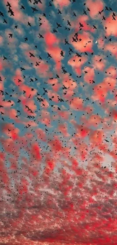 Flock of birds flying against a pink and blue sunset sky.