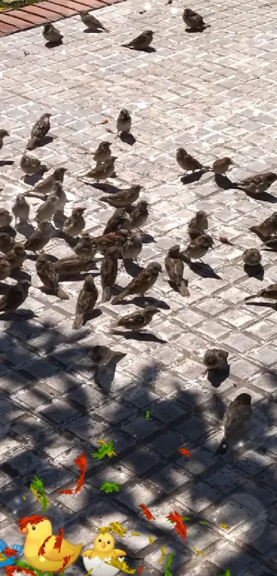 A flock of small birds gathered on sunlit pavement.