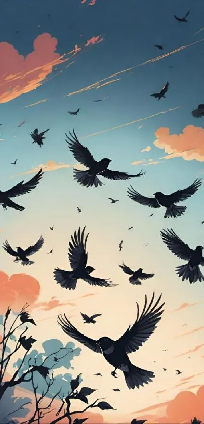 Illustration of birds flying against a pastel-colored sky at sunset.