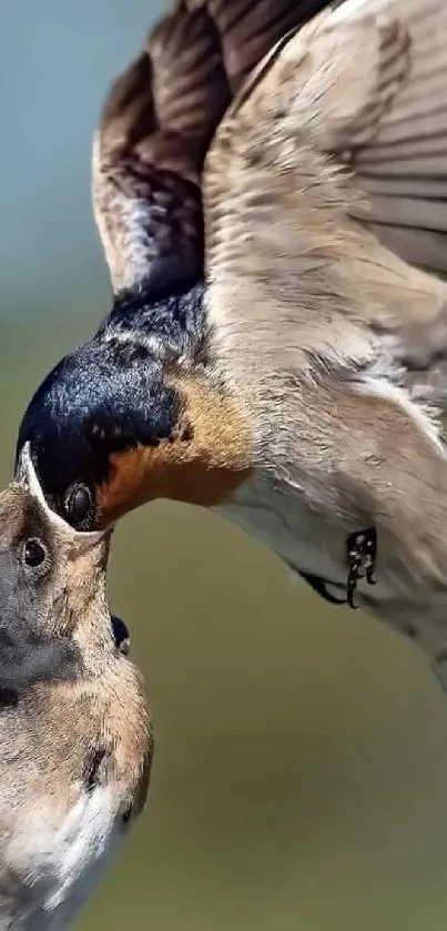 Close-up image of two birds feeding in mid-flight.