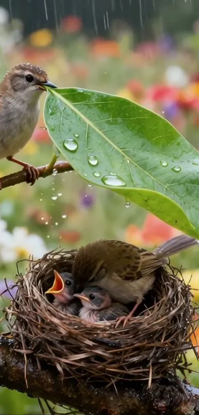 Birds in a nest under raindrops and greenery in springtime.