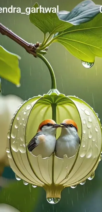 Two birds nestled under rain-kissed leaves.