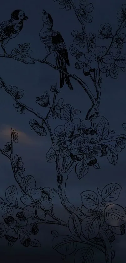 Birds perched on blossoming branches in a serene night setting wallpaper.