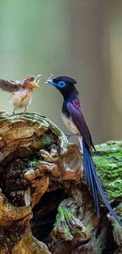 Birds perched on a mossy log in a serene forest setting.