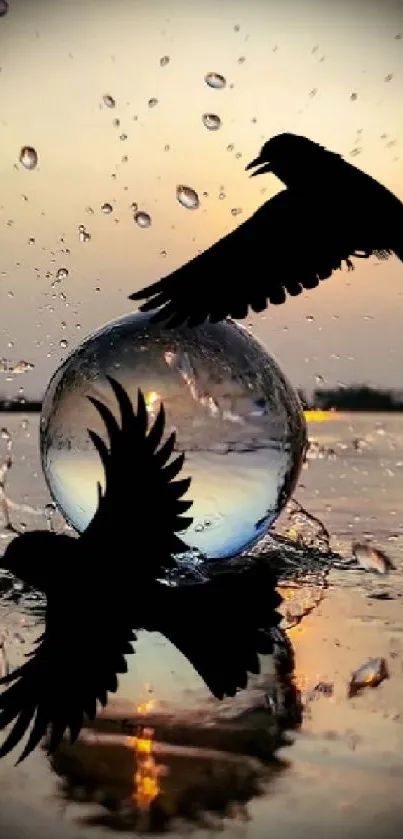 Silhouetted birds and water globe with sunset reflection.