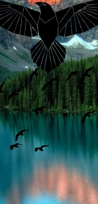 Birds flying over a serene lake surrounded by trees and mountains.