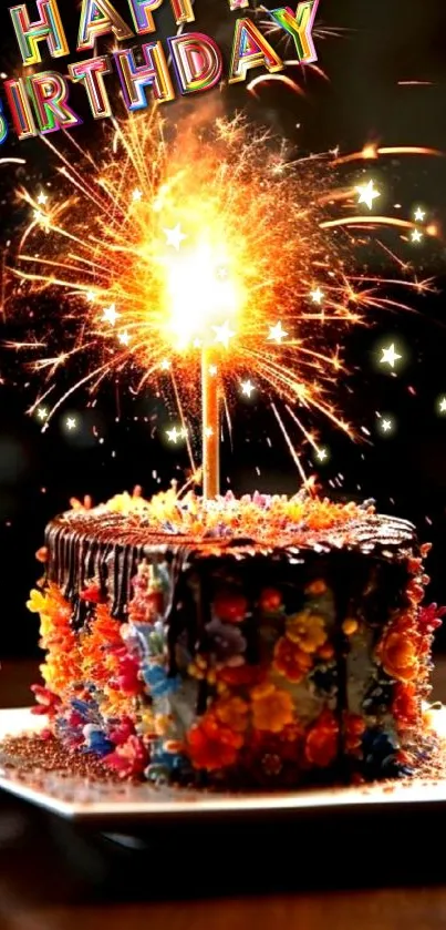 A decorated cake with fireworks for a birthday celebration.